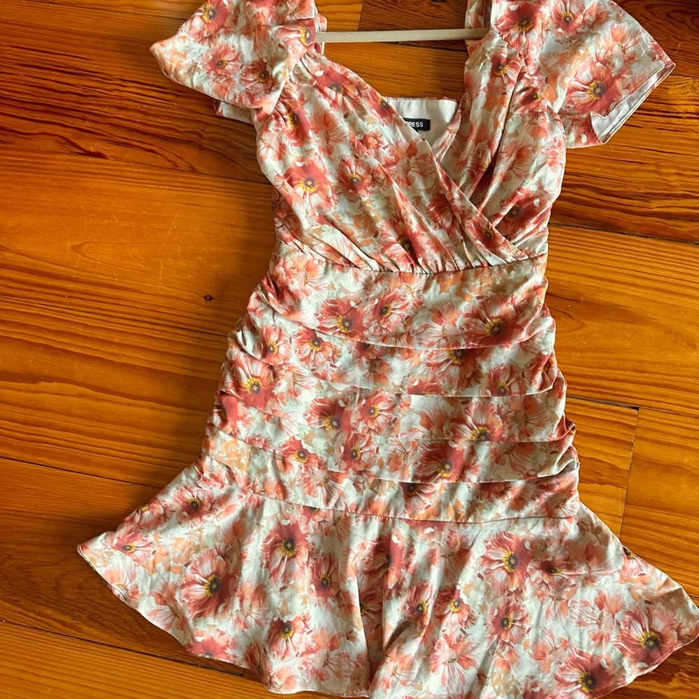 Express Coral and Cream Floral Wrap Dress